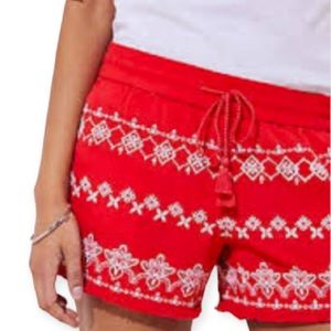 LOFT Linen Blend Embroidered Drawstring Waist Casual Shorts